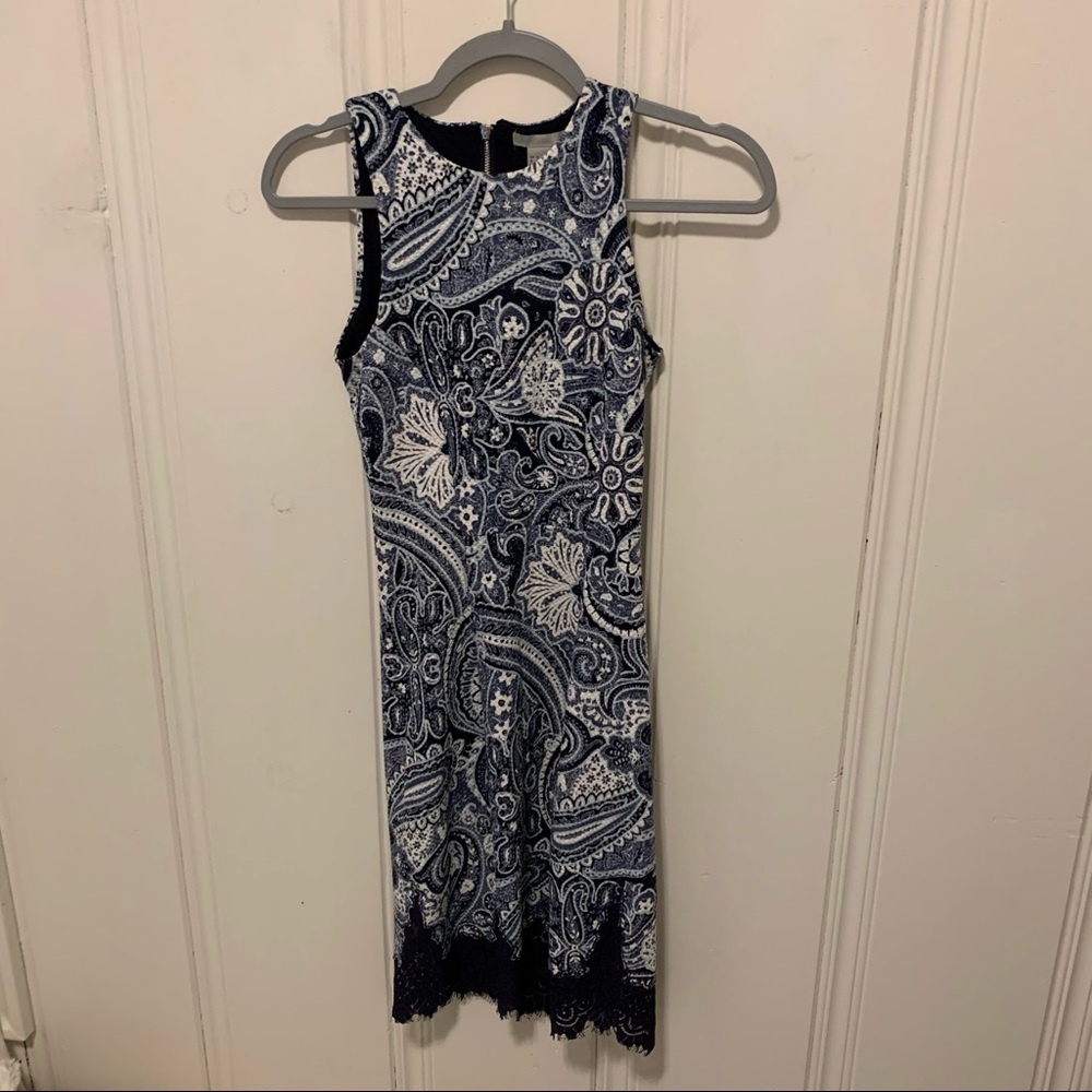 H&M Blue & White Paisley Print Lace Trim High Neck Bodycon Career Work Dress XS